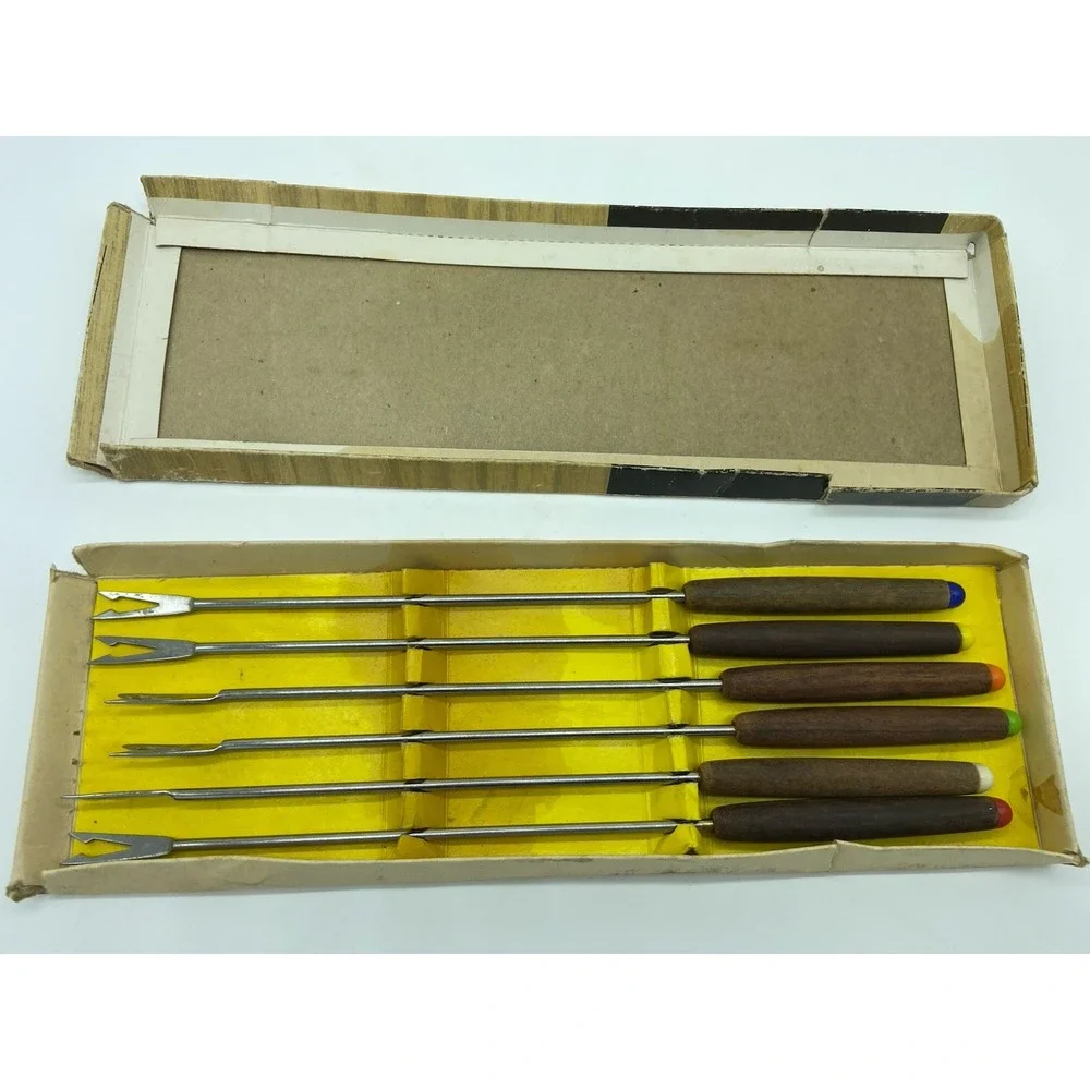 Vintage MCM STAINLESS STEEL Set of 6 FONDUE FORKS w/Wooden Handles‎ Original Box